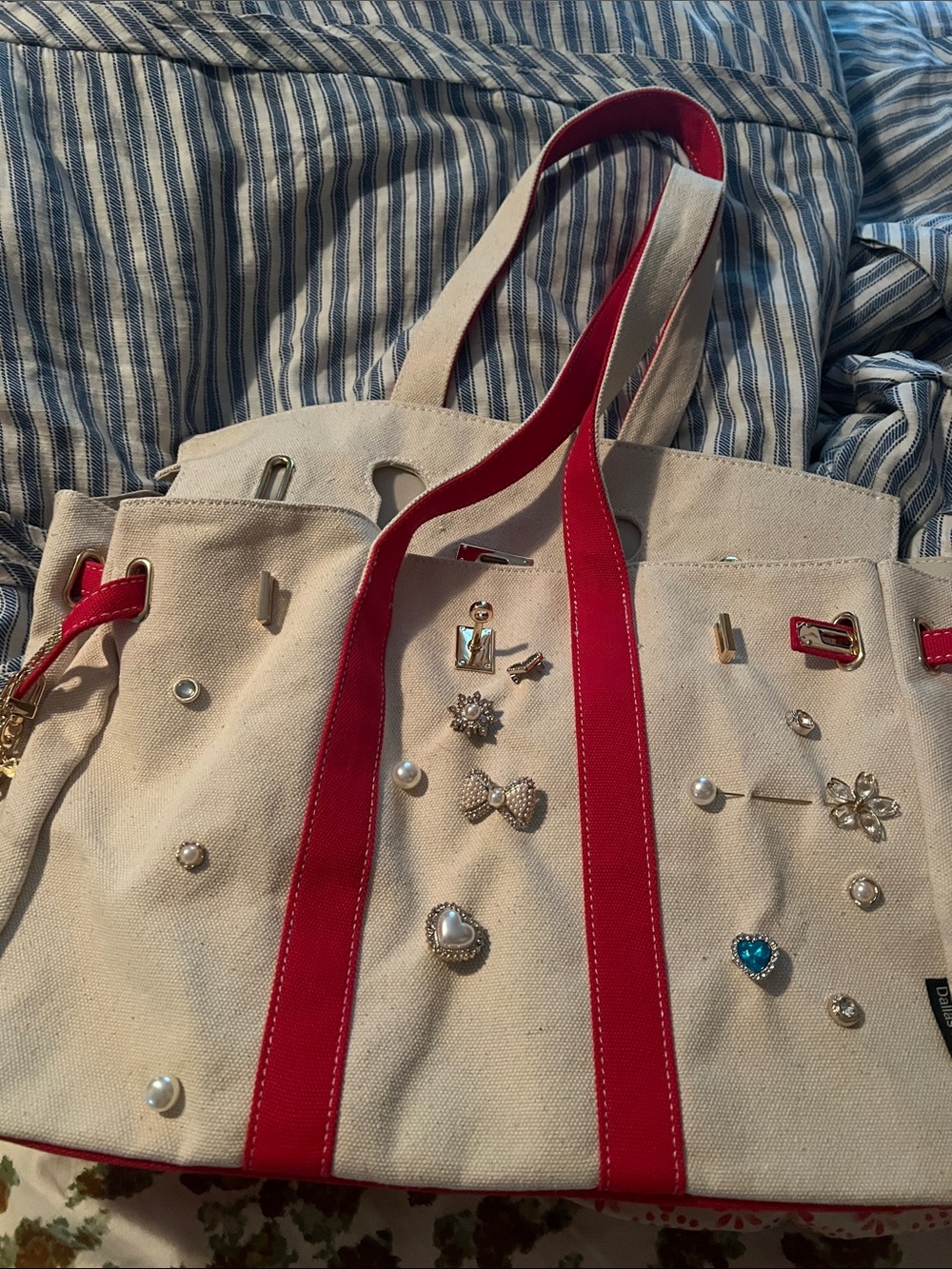 Canvas Tote with Red Trim and Decorative Charms